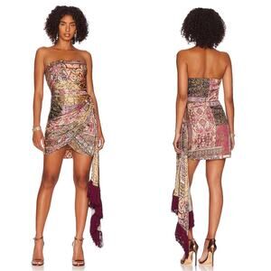 Bronx and Banco Strapless Mini Dress in Multi Print with Burgundy Tassels